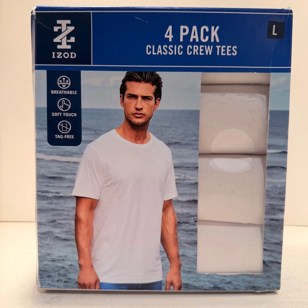IZOD Mens NEW 4 Pack‎ Classic White Crewneck Tees Breathable Tag Free Soft Large